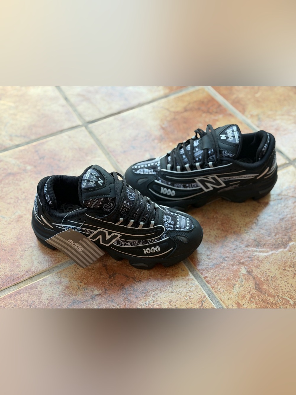 Size 7 Men’s And Women’s 8.5 - New Balance Black Paisley 1000 Sneakers